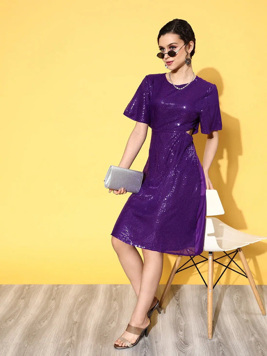 Women Purple Sequins Side Cut Out Midi Dress