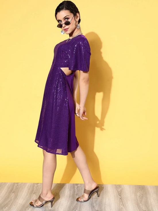 Women Purple Sequins Side Cut Out Midi Dress