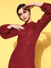 Women Maroon Sequins Puff Sleeves Bodycon Dress