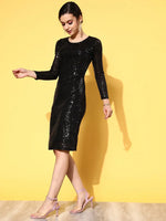 Women Black Sequin Bodycon Midi Dress