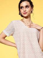 Women Cream Sequins V-Neck T-shirt Dress