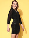 Women Black Sequins Short Wrap Bodycon Dress