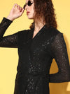 Women Black Sequin Wrap Mini Dress