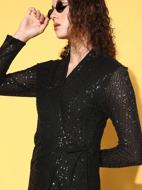 Women Black Sequin Wrap Mini Dress