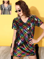 Women Black Multi-Sequin V-Neck T-shirt Dress