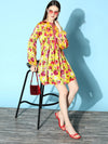 Women Yellow Floral Velvet Tie-Up Skater Dress