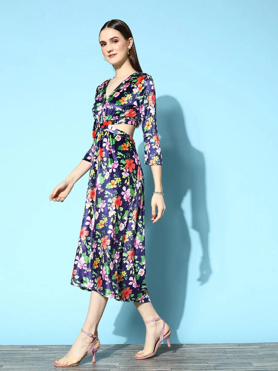 Women Navy Floral Velvet Side Cut-Out Midi Dress