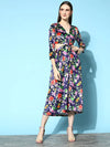 Women Navy Floral Velvet Side Cut-Out Midi Dress