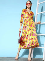 Women Yellow Floral Velvet Side Cut-Out Midi Dress