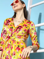 Women Yellow Floral Velvet Side Cut-Out Midi Dress