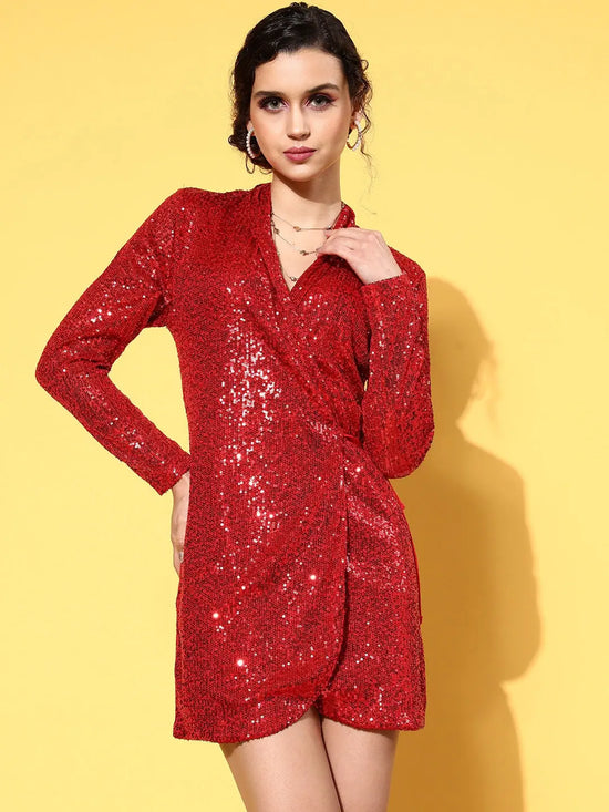 Women Red Sequin Wrap Mini Dress