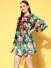 Women Green Floral Velvet Tie-Up Skater Dress