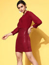 Women Maroon Sequins Short Wrap Bodycon Dress