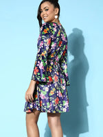 Women Navy Floral Velvet Wrap Skater Dress