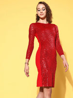 Women Red Sequin Bodycon Midi Dress