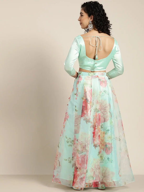 Women Sea Green Organza Crop Top With Anarkali Skirt