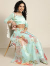 Women Sea Green Organza Crop Top With Anarkali Skirt