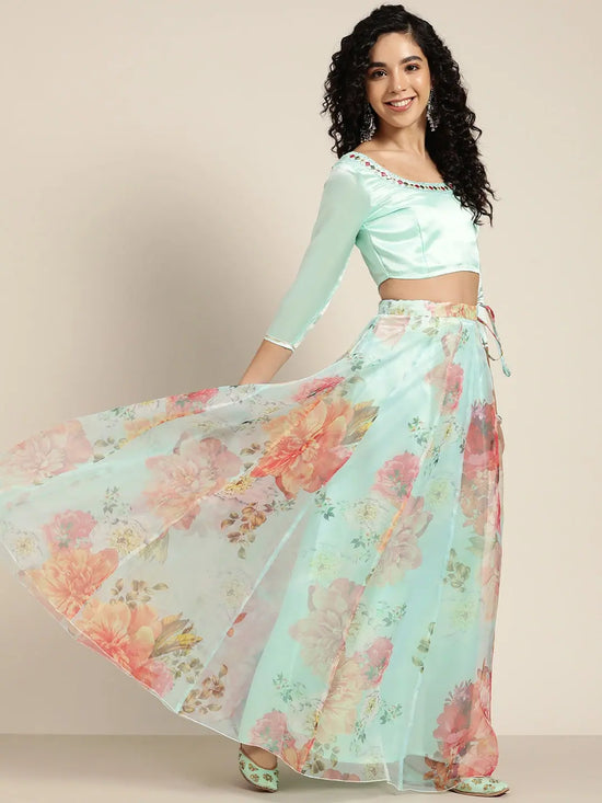 Women Sea Green Organza Crop Top With Anarkali Skirt