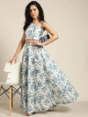 Women Blue Floral Chanderi Crop Top With Anarkali Skirt