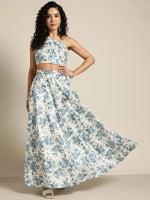 Women Blue Floral Chanderi Crop Top With Anarkali Skirt