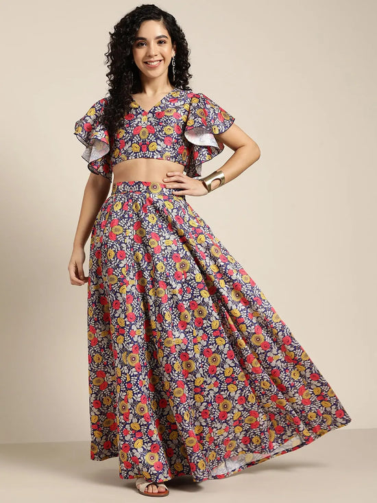 Women Purple Floral Chanderi Crop Top With Anarkali Skirt