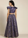 Women Navy Chanderi Foil Crop Top With Anarkali Skirt