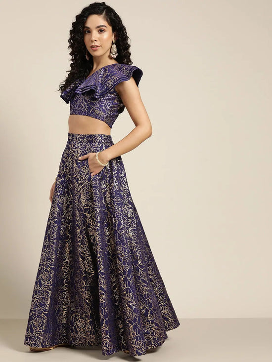 Women Navy Chanderi Foil Crop Top With Anarkali Skirt