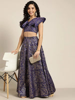 Women Navy Chanderi Foil Crop Top With Anarkali Skirt