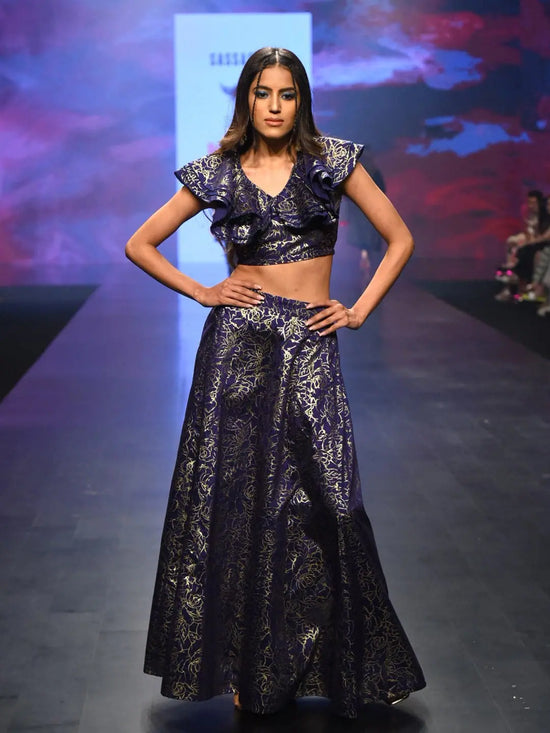 Women Navy Chanderi Foil Crop Top With Anarkali Skirt