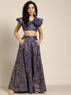 Women Navy Chanderi Foil Crop Top With Anarkali Skirt