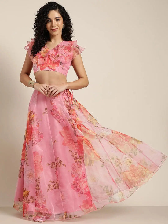 Women Pink Organza Floral Crop Top With Anarkali Skirt