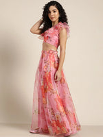 Women Pink Organza Floral Crop Top With Anarkali Skirt