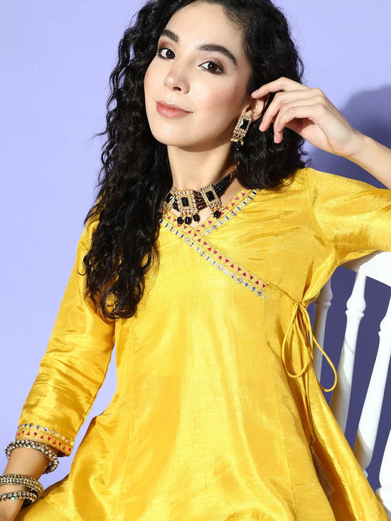 Women Mustard Mirror Embroidered Top With Palazzo Pants