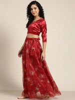 Women Maroon Organza Crop Top With Anarkali Skirt