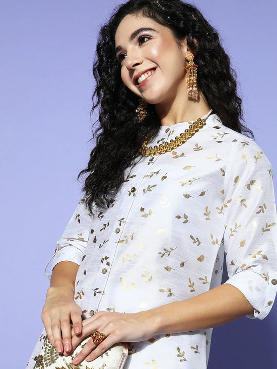 Women White Chanderi Gold Foil Shirt With Pencil Pants