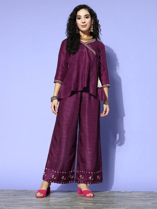 Women Burgundy Mirror Embroidered Top With Palazzo Pants