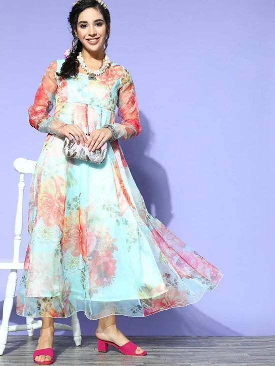 Women Sea Green Organza Floral Anarkali Maxi Dress