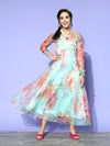 Women Sea Green Organza Floral Anarkali Maxi Dress