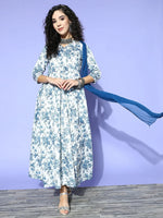 Women Blue Floral Chanderi Attached Pallu Maxi Dress