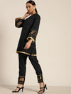 Women Black Foil Elephant Border Kurta With Pencil Pants