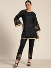 Women Black Foil Elephant Border Kurta With Pencil Pants