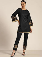 Women Black Foil Elephant Border Kurta With Pencil Pants