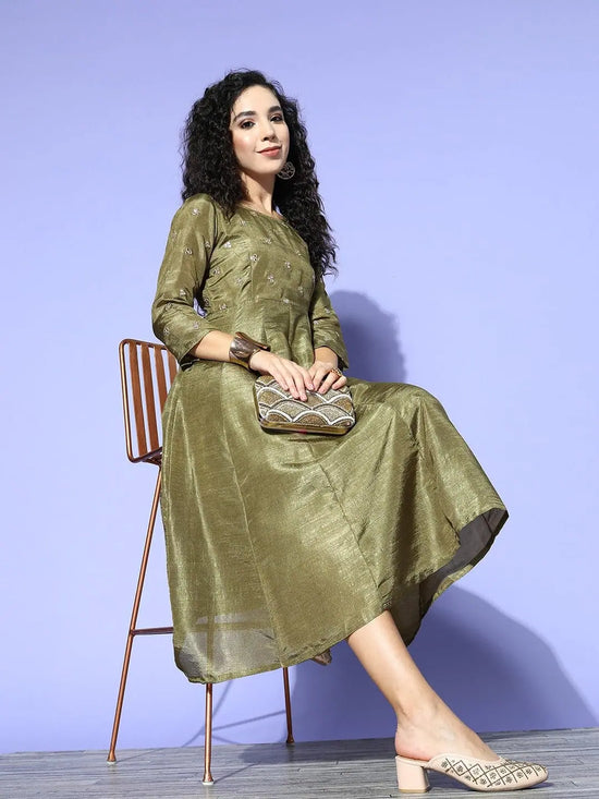 Women Olive Mirror Embroidered Anarkali Dress