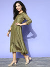 Women Olive Mirror Embroidered Anarkali Dress