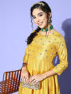 Women Mustard Mirror Embroidered Anarkali Dress