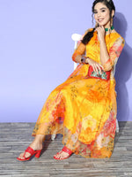 Women Yellow Organza Floral Wrap Anarkali Maxi Dress