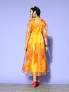 Women Yellow Organza Floral Wrap Anarkali Maxi Dress