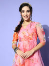 Women Pink Organza Floral Wrap Anarkali Maxi Dress