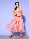 Women Pink Organza Floral Wrap Anarkali Maxi Dress