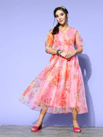 Women Pink Organza Floral Wrap Anarkali Maxi Dress